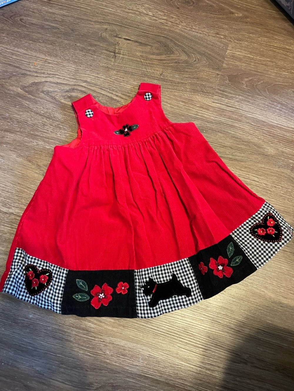 Red Corduroy Dress with Embroidered Scottie Dog Accents